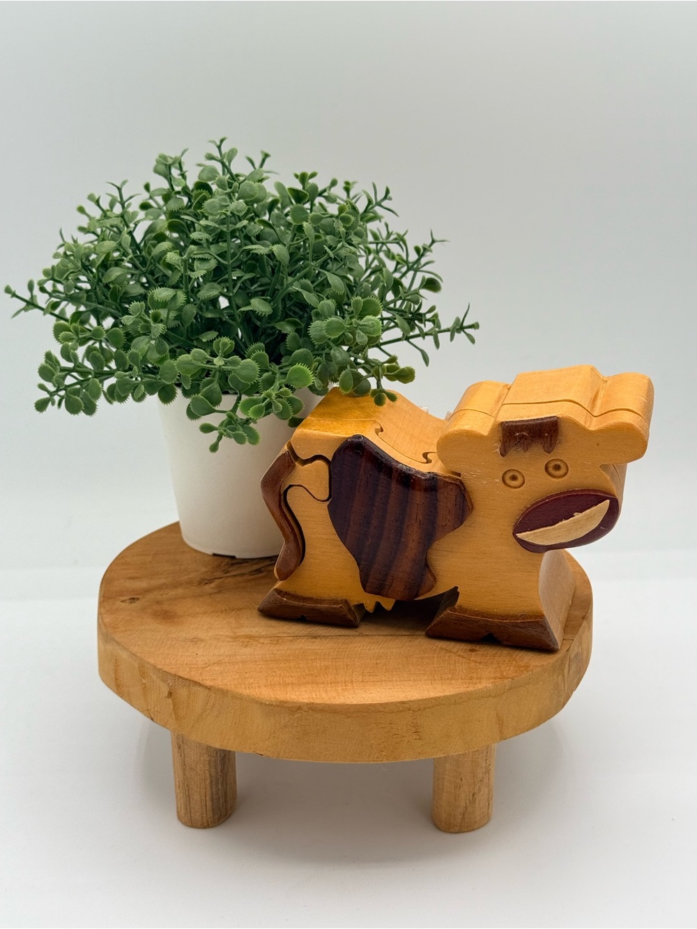 Vintage Handcrafted Wooden Cow Secret Puzzle Box - Trinket Jewelry Case